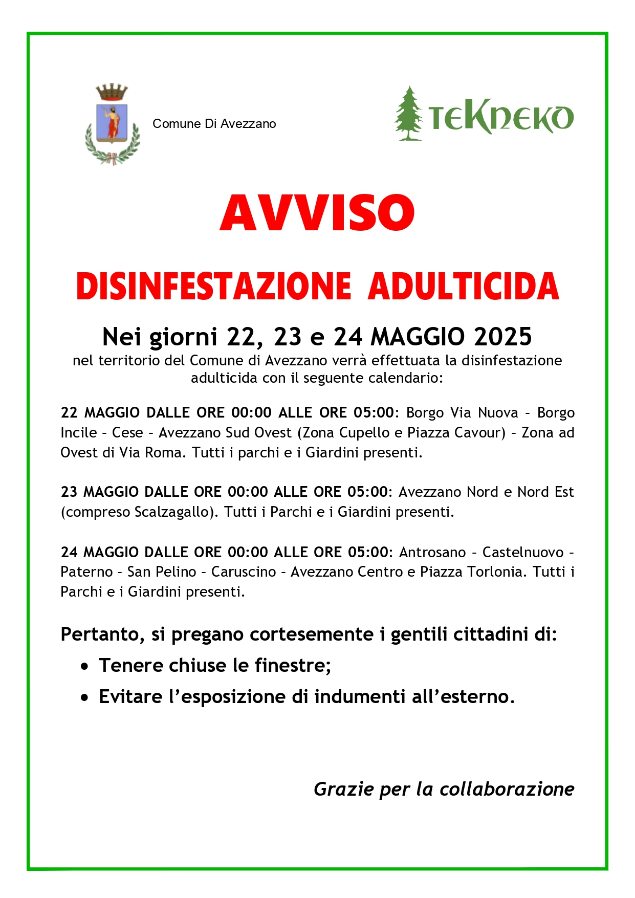 DISINFESTAZIONE AVEZZANO 22-23-24 MAGGIO 2025