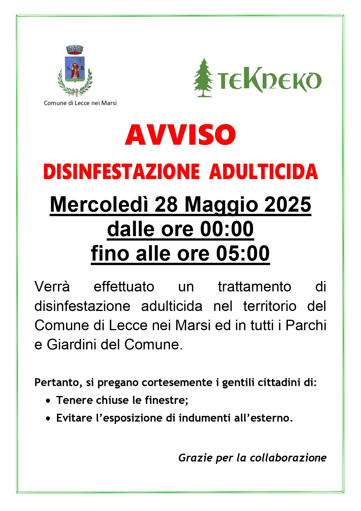 DISINFESTAZIONE LECCE NEI MARSI 28 MAGGIO 2025
