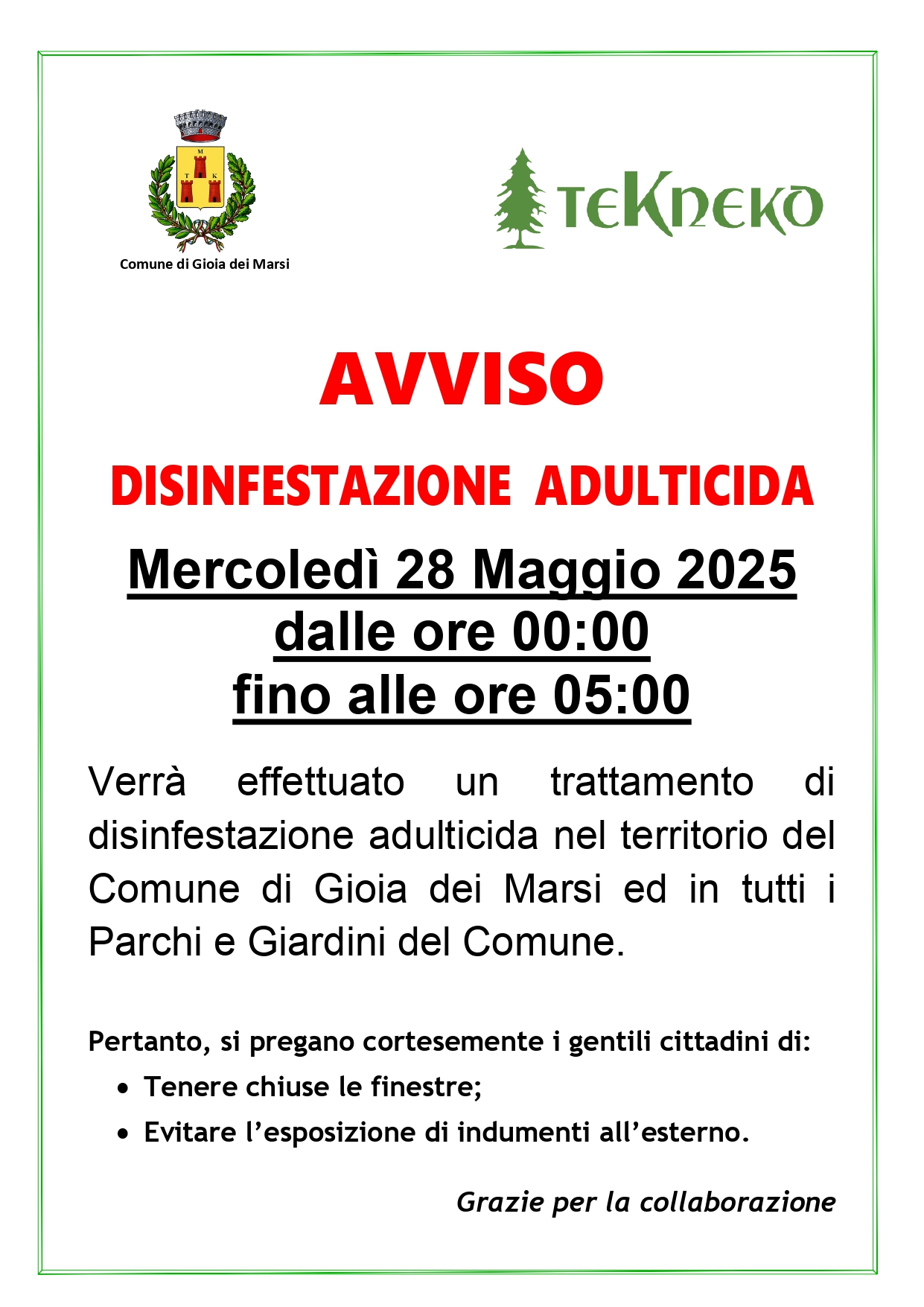 DISINFESTAZIONE GIOIA DEI MARSI 28 MAGGIO 2025