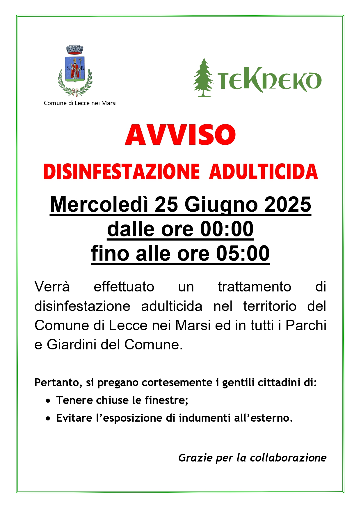 Disinfestazione Lecce nei Marsi 25 giugno 2025