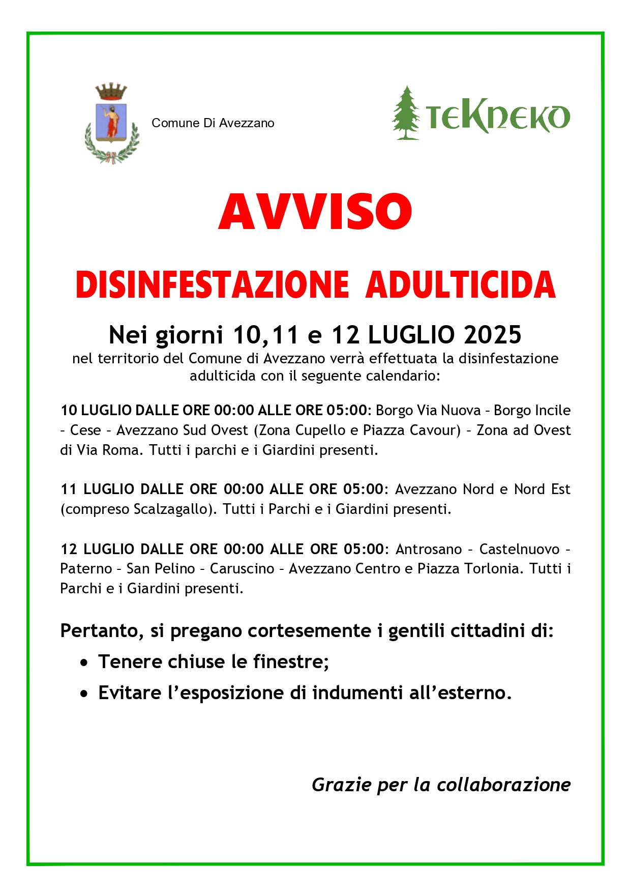 Disinfestazione Adulticida Avezzano 10, 11 e 12 luglio 2025