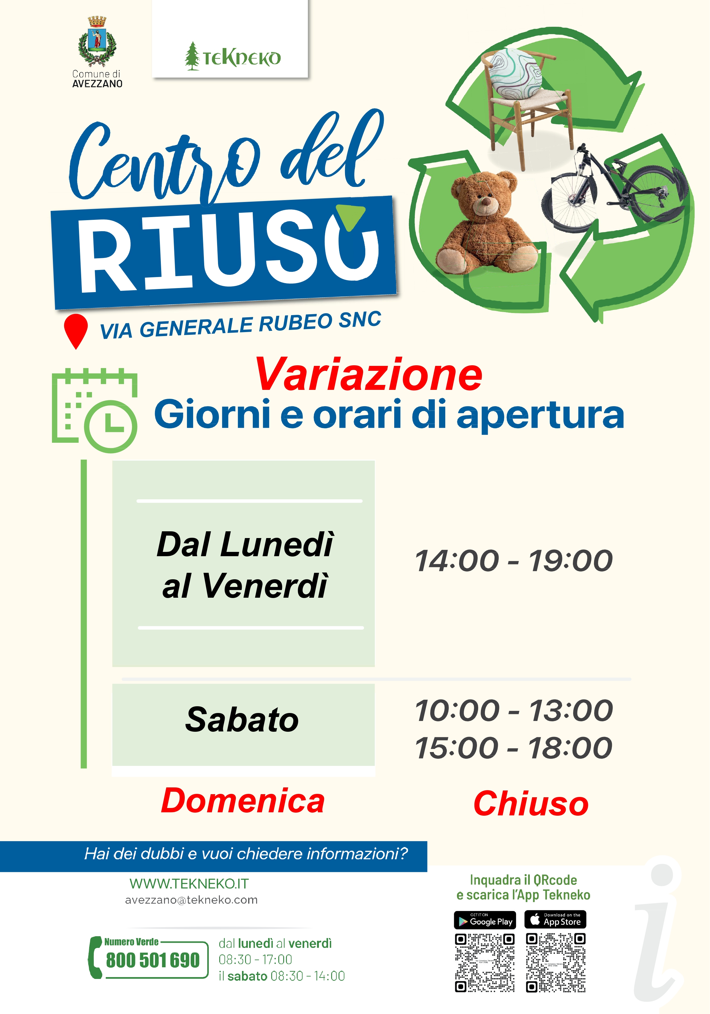 Variazione giornate di apertura Centro del Riuso di Avezzano