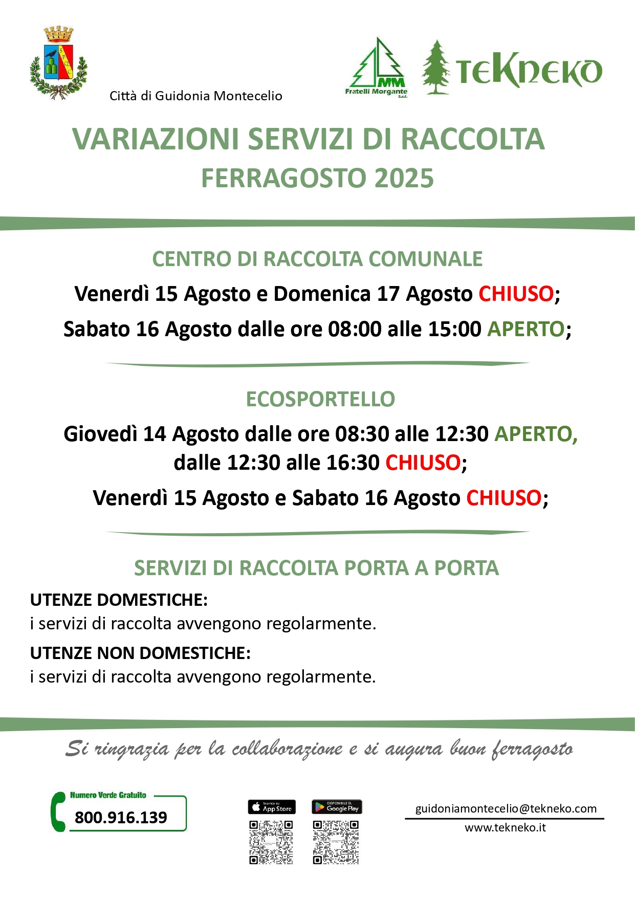 Chiusure e variazioni servizio festività di Ferragosto 2025