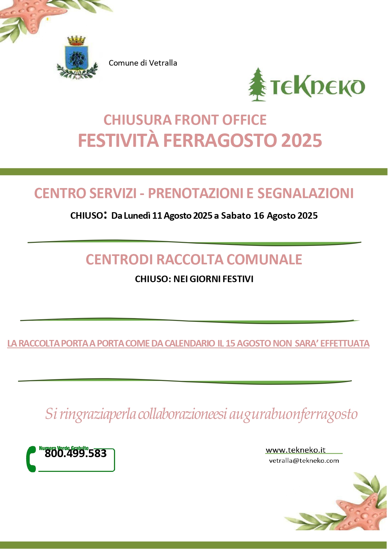Chiusure e variazioni servizi festività ferragosto 2025 Vetralla