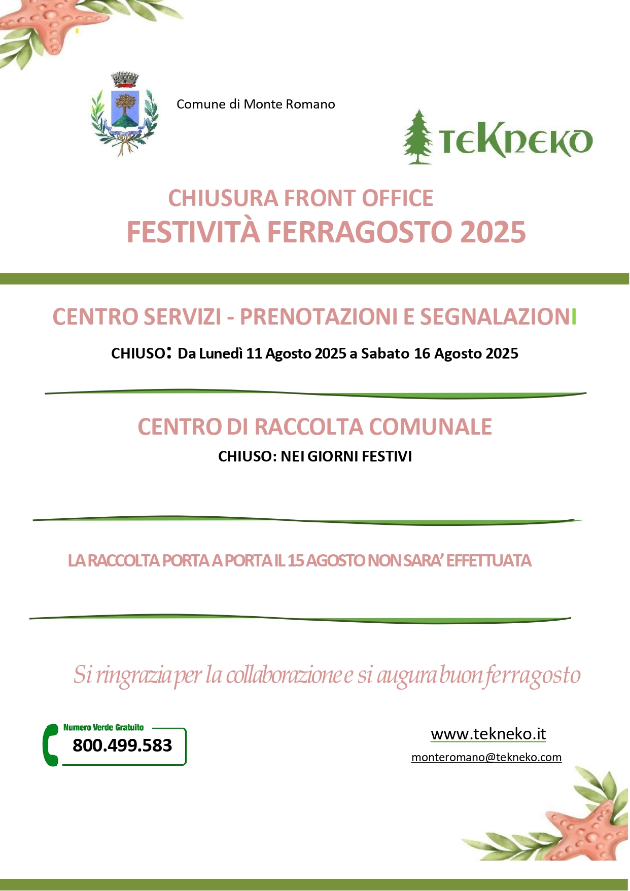 chiusure e variazioni servizi festività Ferragosto 2025